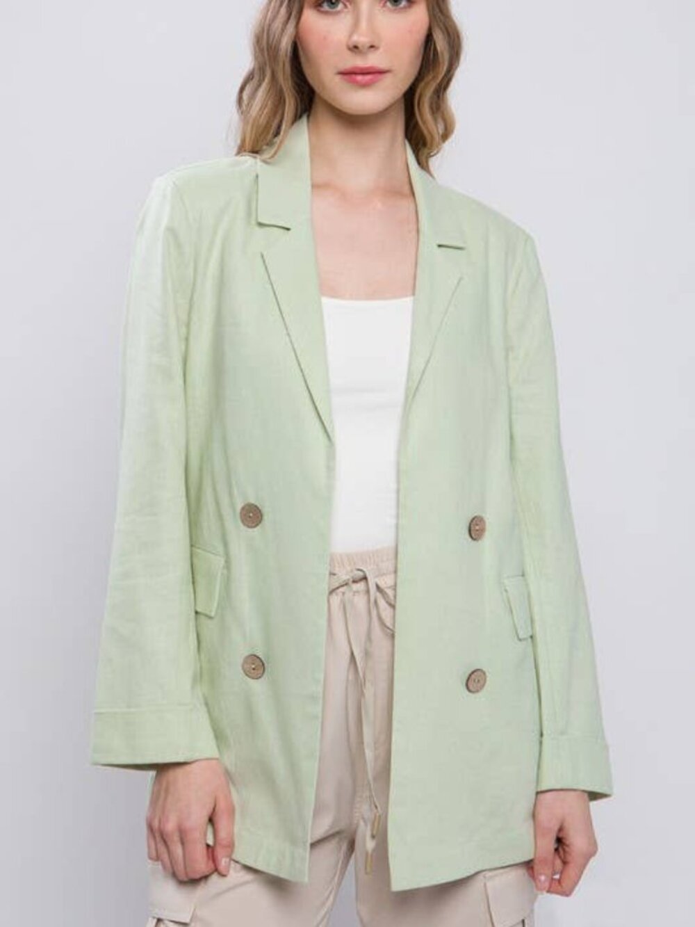 STITCH + FEATHER Women's London Linen Blend Blazer Size M in Aloe
